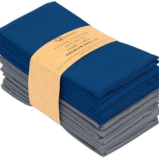 Ruvanti Blue & Grey Cloth Napkins Set of 12 , 18X18 Inch Durable Linen Napkin Soft, Comfortable, Reusable & Washable Fabric, Perfect Table Napkins, Cotton Dinner Napkins, Cocktail Napkin for Home Use.