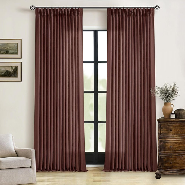 Brown Red Linen Pinch Pleated Curtains 102 Inches Long for Living Room Pleated Drapes Hooks Back Tab Thick Linen Textured Boho Farmhouse Country Terracotta Maroon 102 Inch Curtain for Dining Bedroom