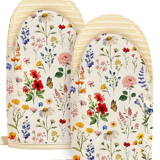 Slohif Vintage Floral Mini Oven Mitts Set – Beige Extended Short Heat Resistant Kitchen Gloves for Women, 100% Cotton Oven Mitts with Silicone Grips, Non-Slip and Thick Durable for Cooking & Baking