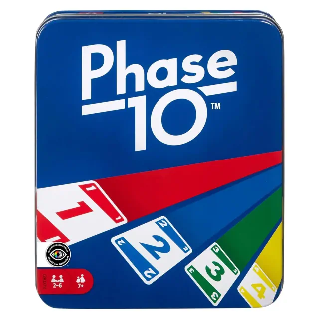 Mattel Games Phase 10 Card Game with 108 Cards, Color Blind Accessible Deck, Decorative Tin Storage, Family Adult and Kids Game Night Gift, Ages 7+