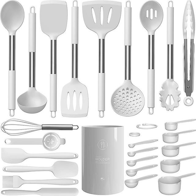 Large Silicone Cooking Utensils Set - Heat Resistant Kitchen Utensils Sets,Spatula,Spoon,Turner Tongs,Brush,Whisk,Stainless Steel Silicone Cooking Utensil for Nonstick Cookware,Dishwasher Safe (White)