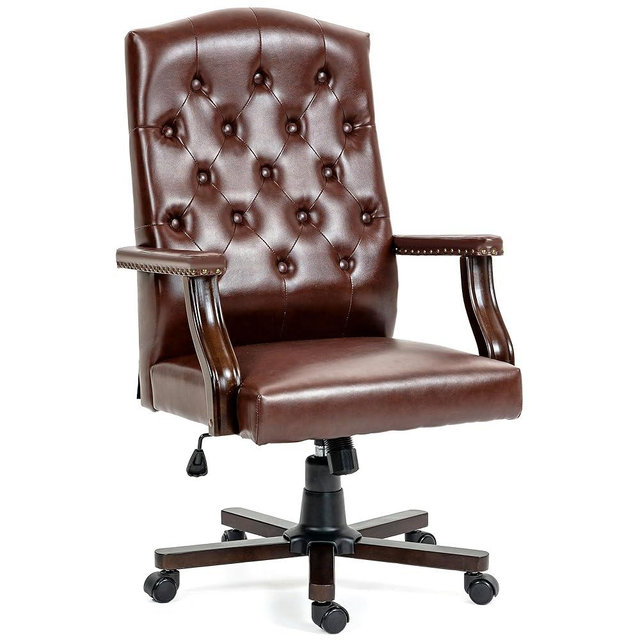 ECOTOUGE Executive Office Chair, High Back Computer Chair with Upholstered Backrest Vinage Farmhouse Retro Style, Faux Leather Wing Back Swivel Boss Home Chair, Brown