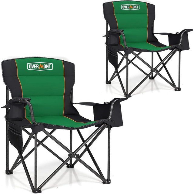 Overmont Oversized Folding Camping Chair 2Pack - 450lbs Support with Padded Cushion Cooler Pockets - Heavy Duty Collapsible Chairs for Sports Garden Beach Fishing
