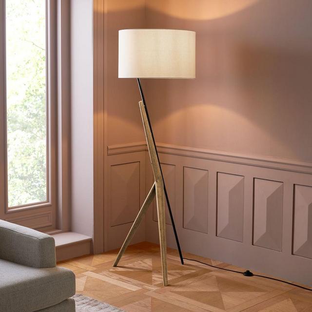 Caldas Floor Lamp, White Linen, Natural Ash/Dark Bronze