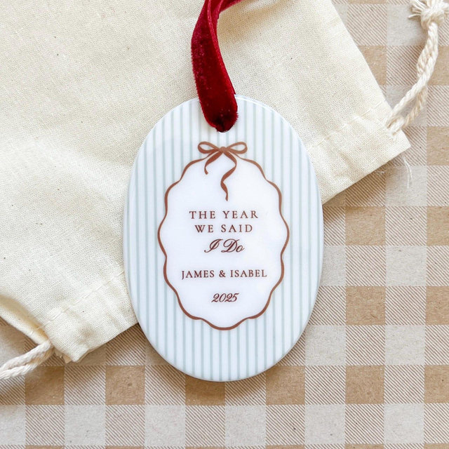 Striped Design Custom Christmas I Do Ornament, Newlywed Ornament 2026, Personalized Ceramic Ornament, First Christmas Married Gift