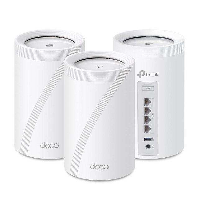 TP-Link 𝐃𝐞𝐜𝐨 BE63 Tri-Band WiFi 7 BE10000 Whole Home Mesh System - 6-Stream 10 Gbps, 4x2.5G Ports Wired Backhaul, 4x Smart Internal Antennas, VPN, MU-MIMO, HomeShield, Free Expert Support (3-Pack)