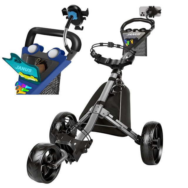 JANUS Golf Push Cart 3 Wheel, Foldable with One-Click Folding, Compact Golf Bag Cart, Wide EVA Wheels, Foot Brake, Elastic Wing Straps, Cooler Bag, Phone Holder or Gooseneck Holder