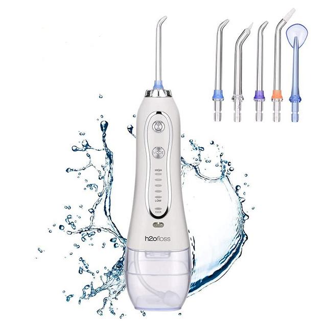 H2ofloss Water Flosser Portable Dental Oral Irrigator with 5 Modes, 6 Replaceable Jet Tips, Rechargeable Waterproof Teeth Cleaner for Home and Travel -300ml Detachable Reservoir (HF-6)