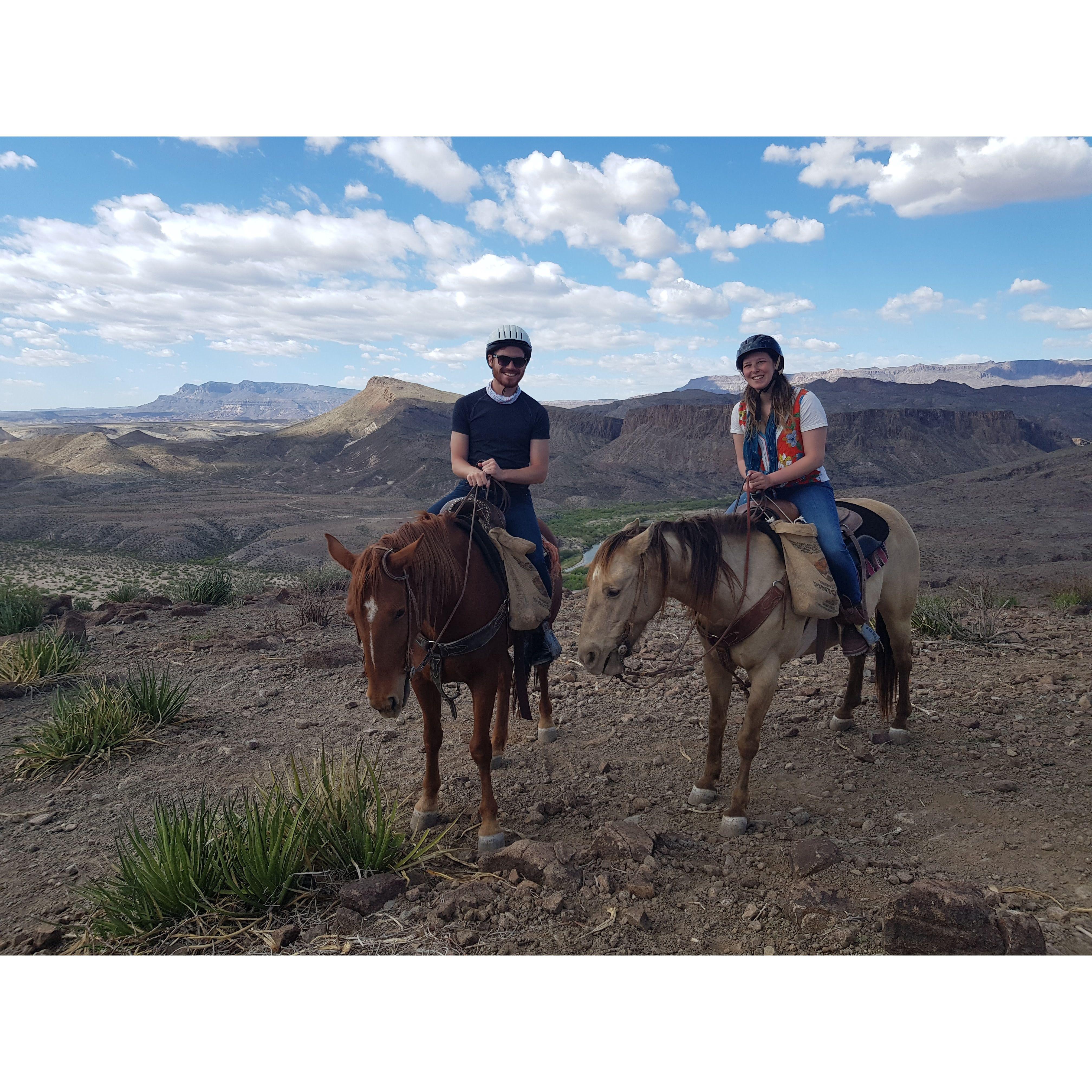 Josh riding Lily, Lili riding Azul. Excursion in Big Bend National Park March 2021