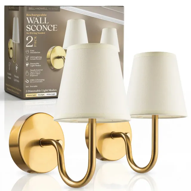 Bell + Howell Wall Light Smooth 2 Pack Rechargeable LED Wall Sconces Cordless Dimmable Touch Control Wall Lights Gold