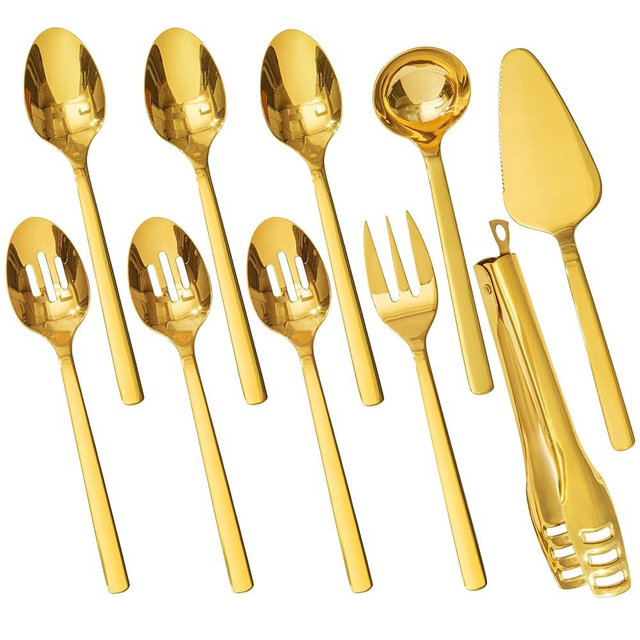 KINGSTONE Large Hostess Gold Serving Utensils Set, Heavy Duty 18/10 Stainless Steel - 10 inch Serving Spoons, Slotted Spoons, Forks, Tongs, Cake Pie Server for Buffet, Wedding, Party
