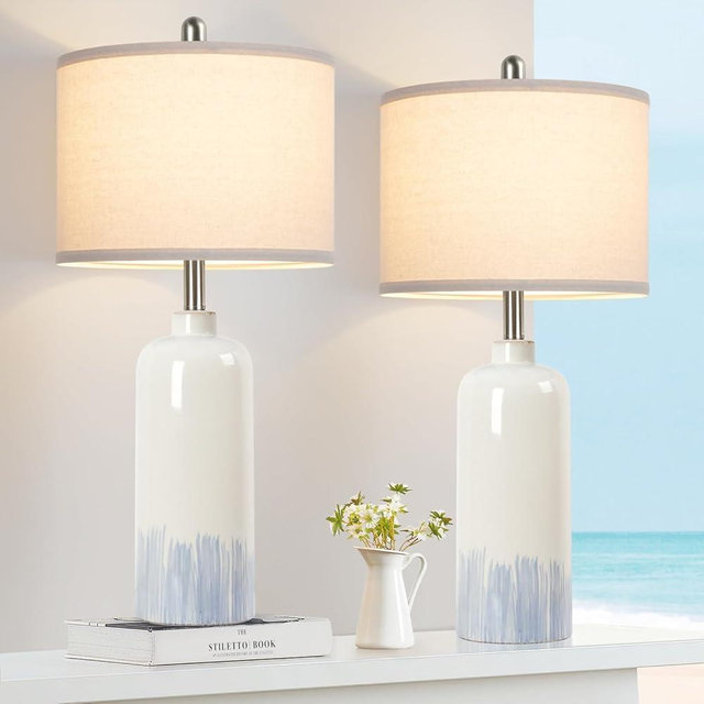 Sucolite 26" Ceramic Table Lamps Set of 2, Coastal Living Room Table Lamps with Cream Fabric Shades, Large Modern Bedside Lamps for Bedroom Nightstand Office Hotel Beach House, Blue Accent