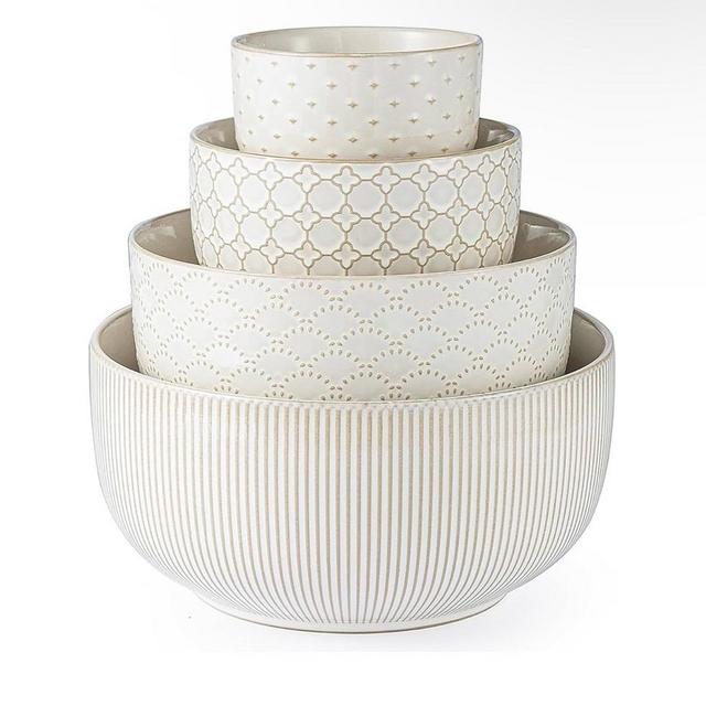 Mikiegy Ceramic Mixing Bowls Set of 4, Nesting Ceramic Embossment Stoneware Mixing Bowls for Cooking, Seving, Popcorn, Salad etc, Microwave & Dishwasher Safe, 20/44/98/145 oz, Off-White