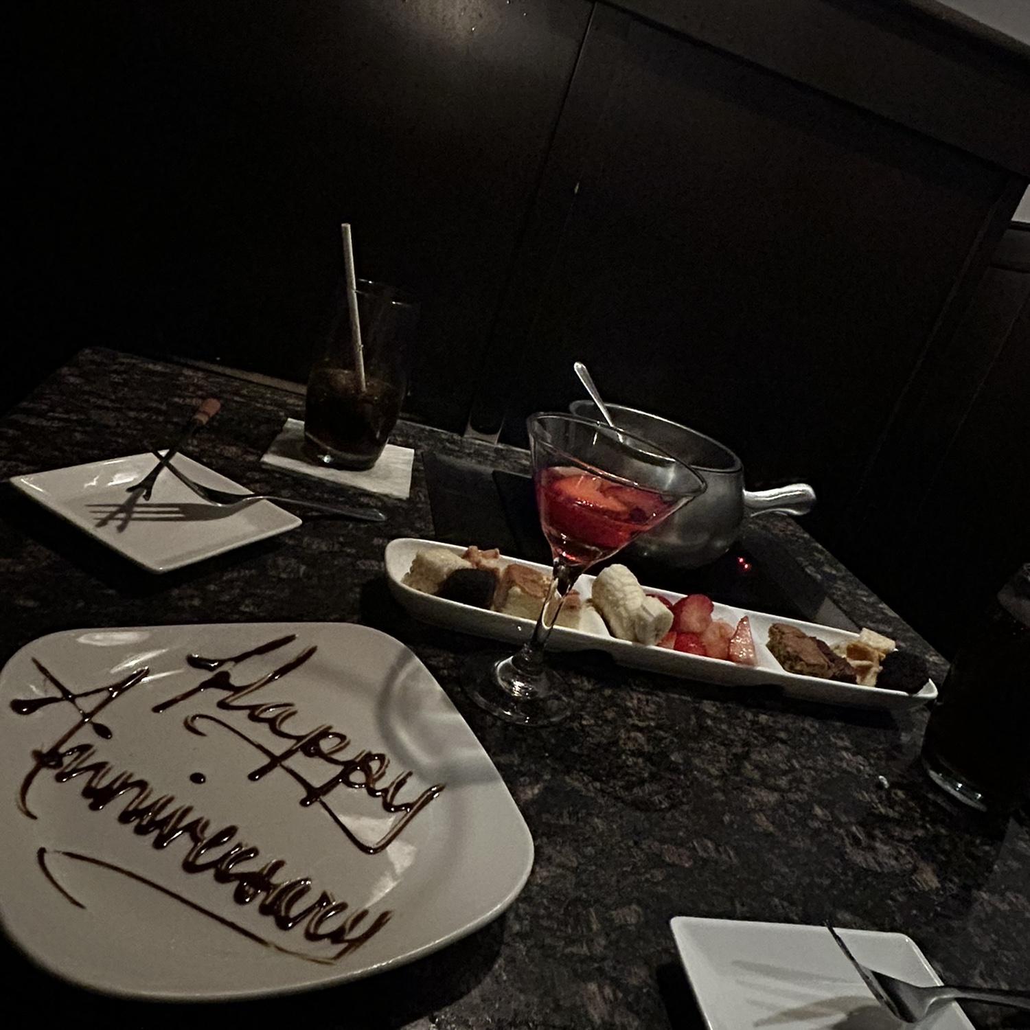 For our 2-year anniversary (the night he proposed), we went to the Melting Pot ;)