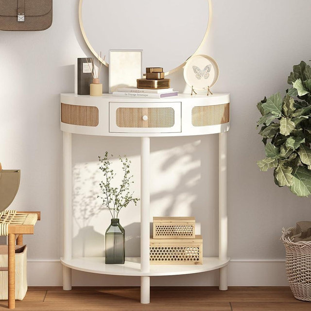 RowyPoey Rattan Half Moon Console Table-Modern Small Entryway Table with Rattan Drawer and Storage Shelf, Boho Farmhouse Wood Sofa Table for Living Room Hallway Foyer Sofa Side, Off-White