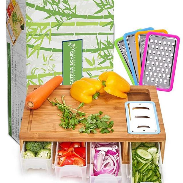 Shinestar Bamboo Cutting Board with Containers, Sturdy Meal Prep Station for Kitchen, Includes 4 Graters, 4 Trays with Lids - Easy Food Storage