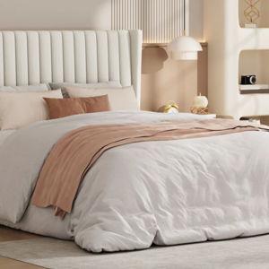 Upholstered Bed Frame with Wing Side - Ivory, Queen