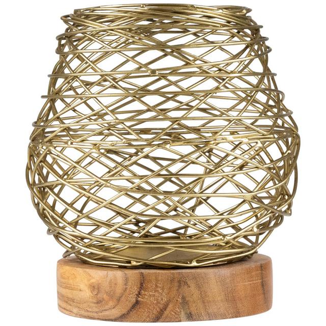 Northlight Small Woven Iron Votive Candle Holder with Wooden Base - 6.25" - Brass Finish