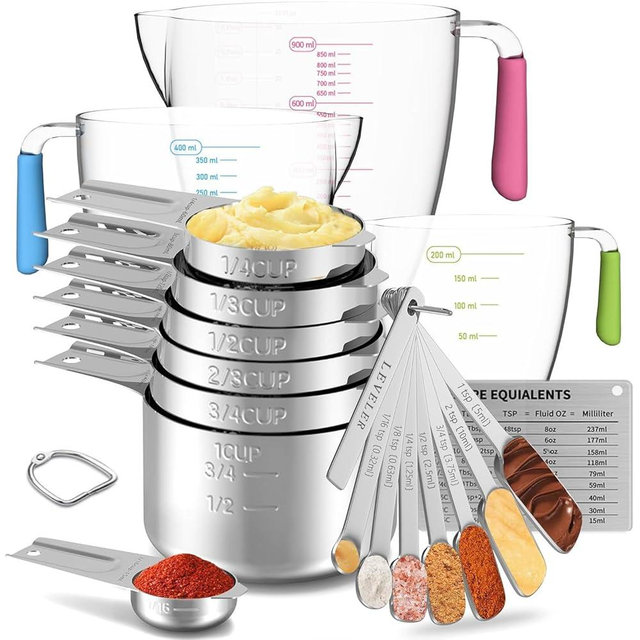Stainless Steel Measuring Cups and Spoons Set, 6 Stainless Steel Measuring Cups, 7 Measuring Spoons & 1 Leveler, 3 Plastic Measuring Cup with 1 Measuring Conversion Chart