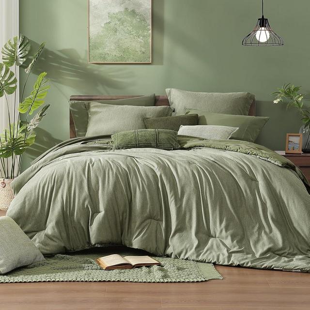 Monbix Queen Size Comforter Set, Sage Green Bedding Sets with Comforter, Reversible Queen Comforter Set 7 Pieces, Cationic Dyeing Bed in a Bag with Comforter, Sheets, Pillowcases & Shams