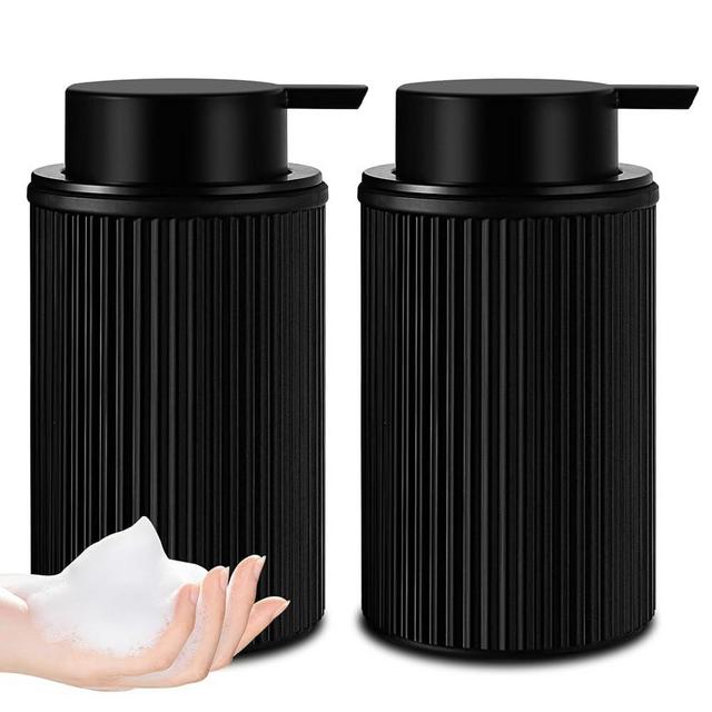 KASUNTING Matte Black Foaming Soap Dispenser, 2 Pack Ribbed Glass Foam Hand Soap Dispenser for Bathroom, Refillable Foaming Pump Bottle with Black Pump, Modern Dish Soap Foam Dispenser with 4 Straws