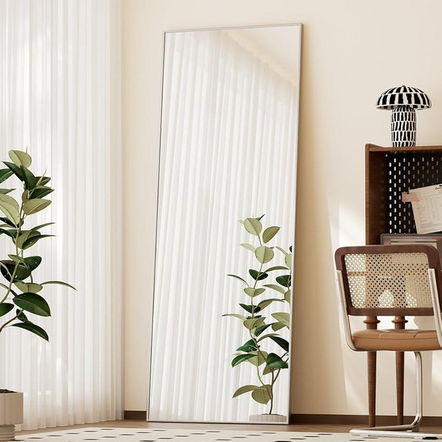 BEAUTYPEAK Full Length Mirror with Stand, 56"x21" Floor Mirror with Aluminum Alloy Thin Frame, ShatterVue Tempered Full Body Mirrors, Free Standing or Wall-Mounted Mirrors for Living Room, Silver