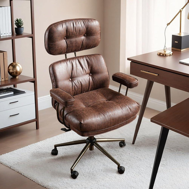 HOOOWOOO Ergonomic Office Chair,Mid Century Modern Computer Desk Chair,Comfy Executive Chair with Extra Wide Tufted Cloudy Seat Lumbar Support High Reclining Back,Suede Leather Dark Brown