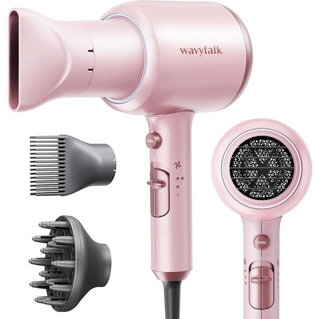 Wavytalk Professional Hair Dryer with Diffuser 1875W Power Dryer, Blow Dryer Ionic Hair Dryer for Women with Constant Temperature, Fast Drying &Low Noise, Millennial Pink
