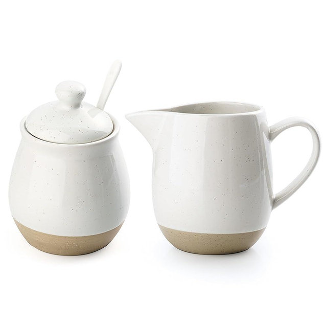 famiware Milkyway Ceramic Sugar and Creamer Set, 10oz Sugar Bowl & 13oz Creamer Set – Stoneware Milk Pitcher & Sugar Dispenser for Coffee Bar, Kitchen, or Countertop, Coffee Serving Set, White
