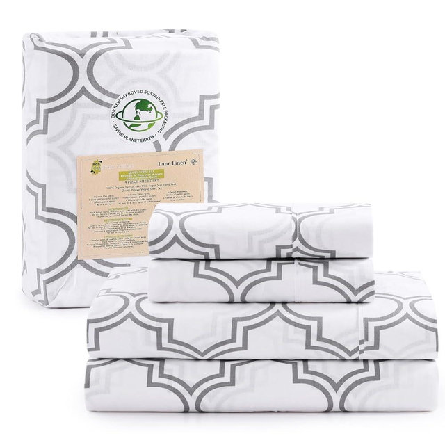 LANE LINEN 100% Organic Cotton Sheets Queen, 4-Piece Bed Sheets Queen Size Cotton, Luxury Sheets, Percale Weave,Breathable Bed Sheets Queen Size Deep Pockets Fits Upto 15" - Trellis Silver