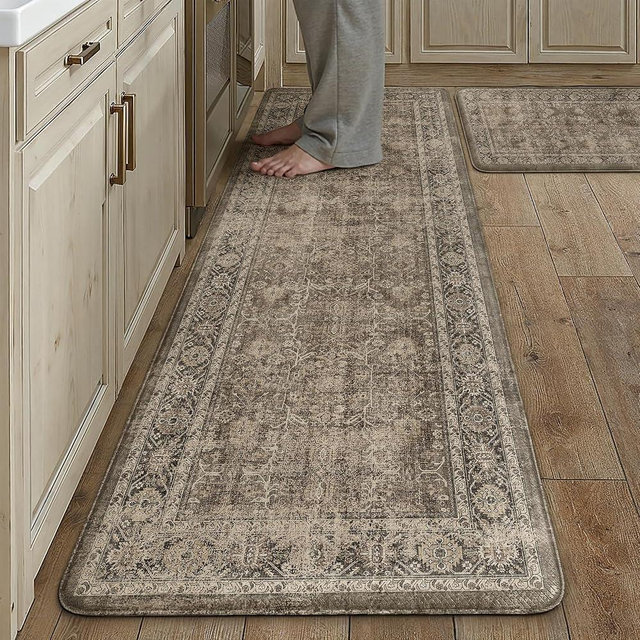 PureCozy Kitchen Mats 2PCS Anti Fatigue Cushioned Mat Brown Vintage Kitchen Mats for Floor Waterproof Non Slip Comfort Standing Distressed Rug for Sink Laundry Office 17.3"x59"+17.3"x30"
