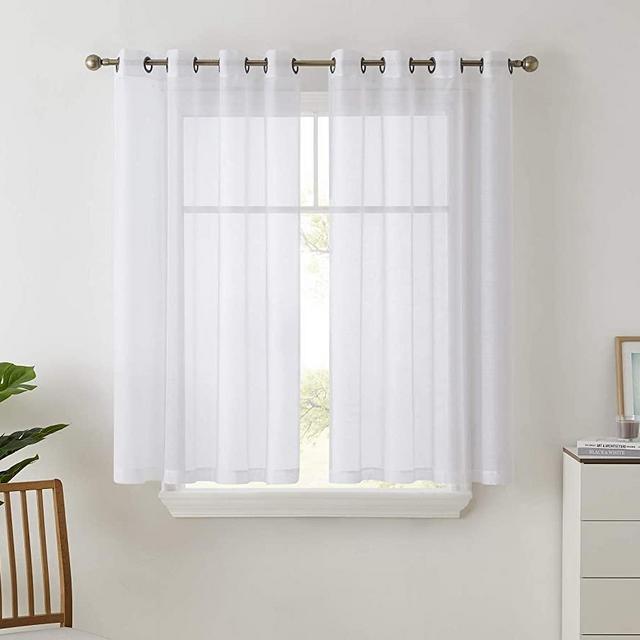 HLC.ME 2 Piece Semi Sheer Voile Short Window Curtain Drapes Grommet Panels for Small Windows, Bathroom & Kitchen (54" W x 54" L, White)
