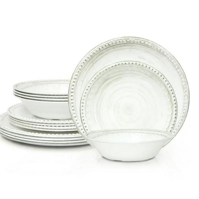 Zak Designs 12 Pieces Dinnerware Set Melamine Plastic Plates and Bowls, Service for 4, Durable and Dishwasher Safe, French Country House Oyster