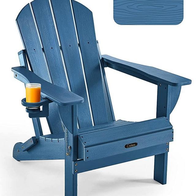Ciokea Folding Adirondack Chair Wood Texture, Patio Adirondack Chair Weather Resistant, Plastic Fire Pit Chair with Cup Holder, Lawn Chair for Outdoor Porch Garden Backyard Deck (Navy Blue)