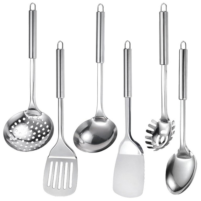 Stainless Steel Kitchen Utensils Set, 6 PCS Metal Cooking Utensils Set for Cooking, Heat Resistant Spatula Set Kitchen Tool Set with Turners, Serving Spoon, Ladle, Skimmer, Pasta Server