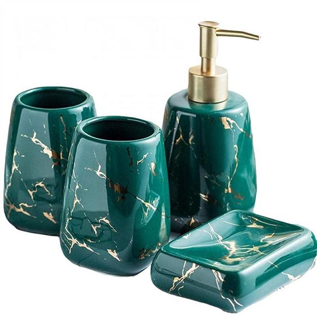 Bathroom Accessories Set, Marble Pattern Bathroom Vanity Countertop Accessory Set Toothbrush Holder Set with Soap Dispenser, Toothbrush Holder, Tumbler, Soap Dish (Dark green bathroom 4-piece set)