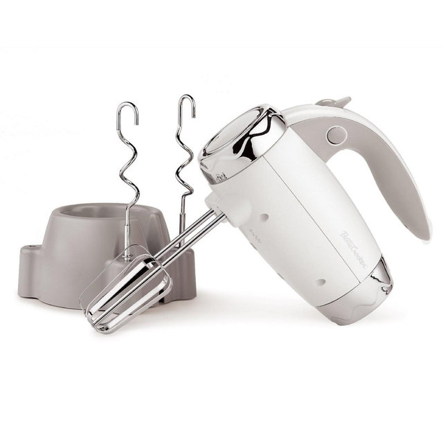 BETTY CROCKER Hand Mixer 7 Speed, 250 Watt Electric Mixer with Beaters and Dough Hooks, Ergonomic, with Stand and Soft Touch Handle, White