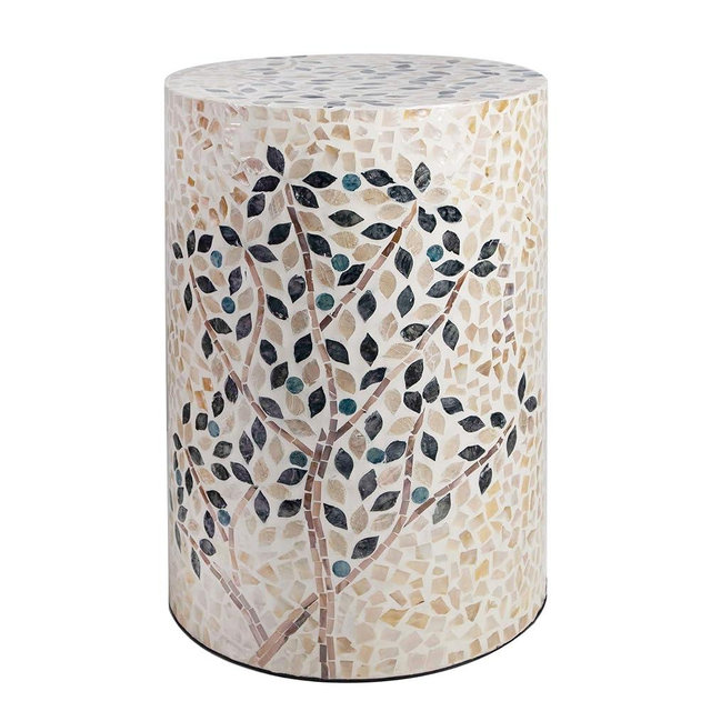 PEMAR Mother of Pearl Cylinder Drum End Table Nacre Side Stool Round Accent Table Coffee Bedside Nightstand and Vanity Stool (Olive Tree)