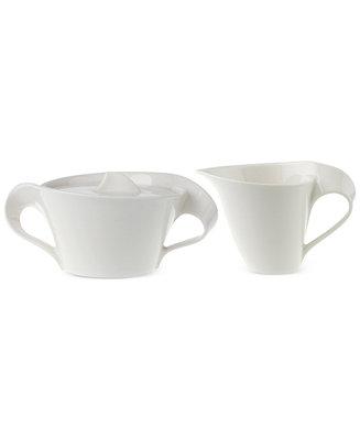 Villeroy & Boch Bone Porcelain 3-Pc. New Wave Lidded Sugar Dish & Creamer Set