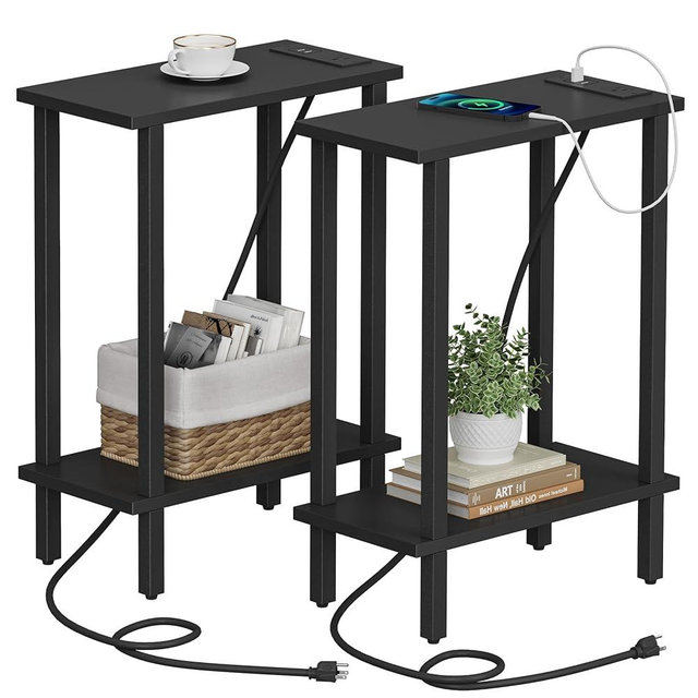TUTOTAK Small End Table with Charging Station, Narrow Side Table with USB Ports and Outlets, Set of 2, Skinny Sofa Table, Slim Nightstand, Couch Table, Living Room, Bed Room, Black TB01BK0602