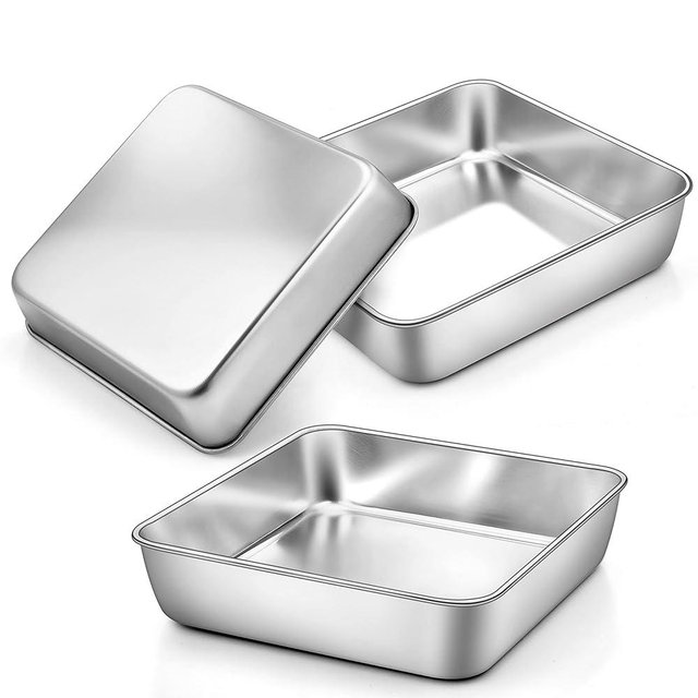 TeamFar Square Cake Pan, 8 Inch Square Baking Pan Stainless Steel Square Cake Brownie Pan for Baking Roasting Serving, Healthy & Non Toxic, Sturdy & Matte Finish, Dishwasher Safe - 3 PCS