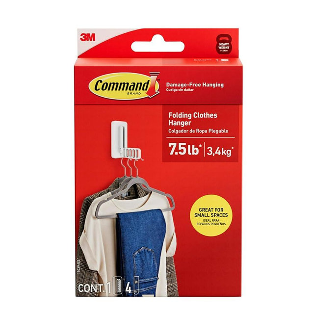 Command Folding Clothes Hanger, Holds up to 5 Hangers 7.5 lb, 1.5lbs per Rung, 1 Hook with 5 Rungs, 3 Strips, Closet Organizer, Home Organization