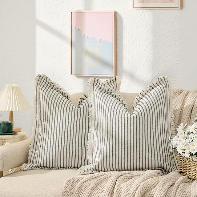 ZWJD Throw Pillow Covers 20x20 Set of 2 Striped Pillow Covers with Fringe Chic Cotton Decorative Pillows Square Cushion Covers for Sofa Couch Bed Living Room Farmhouse Decor