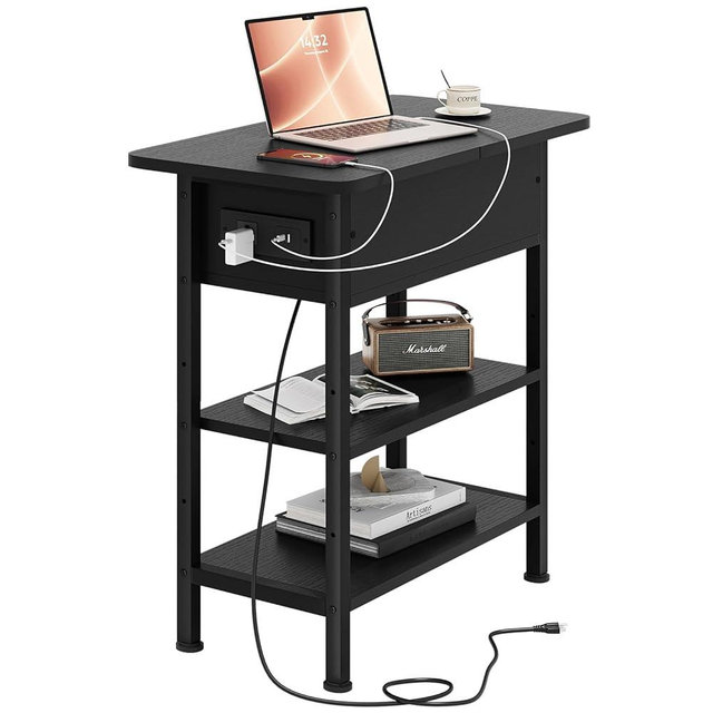 GRUSIGN End Table with Charging Station, Flip Top Side Table with USB Ports and Outlets, 3-Tier Small Side Table with Storage for Small Space, End Tables for Living Room/Bedroom, Black