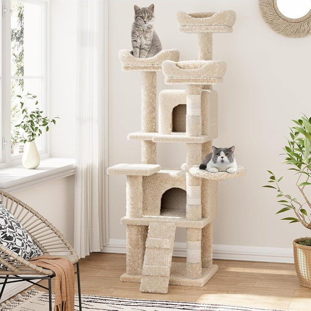 63 Inches Multi-Level Cat Tree Tower with Condo, Plush Perches, Scratching Posts, Hammocks, and Play House, Beige