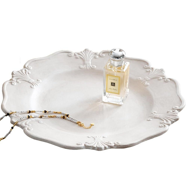 DN DECONATION White Rustic Farmhouse Tray for Modern Home Decor,12in Round Wooden Tray, Vintage White Decorative Trays for Coffee Table, Perfume, Vanity, Dresser, Living Room. Bedroom, Kitchen Counter