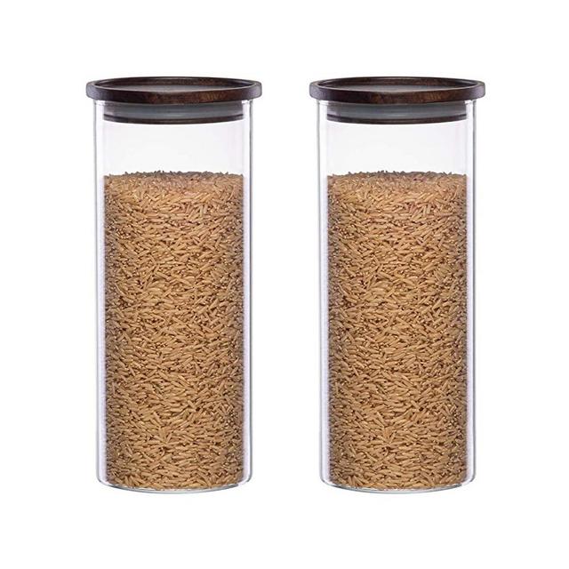 Essos Glass Jars with Wood Lids Set of (2) 54 fl oz Airtight and Stackable Storage Containers for the Kitchen or Pantry Canister Wooden Lid holds Food Cookies Coffee Pasta