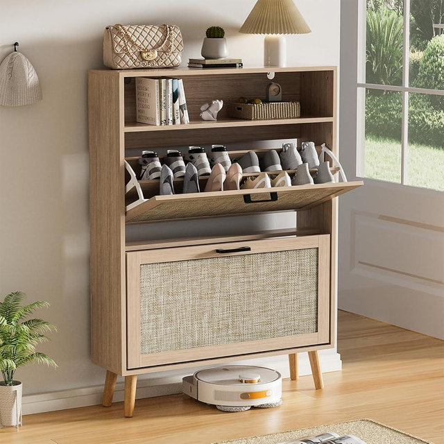 VECHOLL Rattan Shoe Cabinet with 2 Flip Drawers Freestanding Shoe Storage Cabinet for Entryway Slim Hidden Shoe Cabinet with Open Shelf Boho Shoe Rack Cabinet for Hallway, Natural Oak