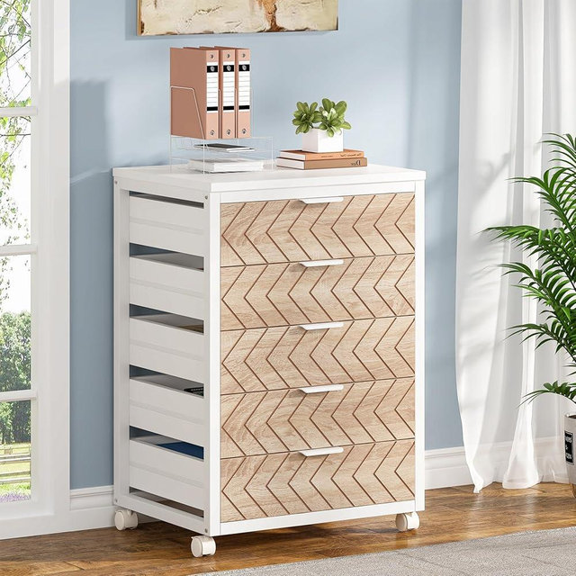 Tribesigns 5-Drawer File Cabinet, Wood Mobile Storage Drawer Unit, Industrial Office Cabinet with Drawers & Wheels, Rolling Printer Stand for Home Office, Beige & White
