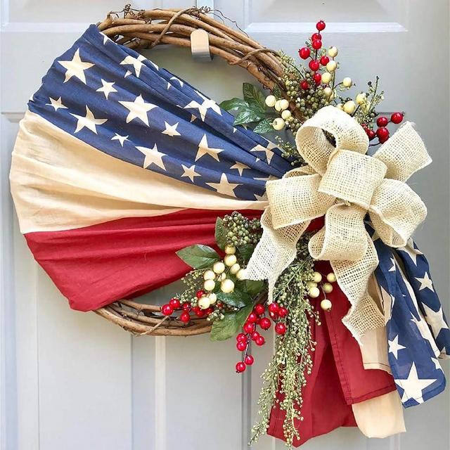 4th of July Wreaths for Front Door, Summer Patriotic Independence Day Wreath, Memorial Day Festival Celebration Patriotic Flag Garland, All Season Welcome Sign Door Hangers